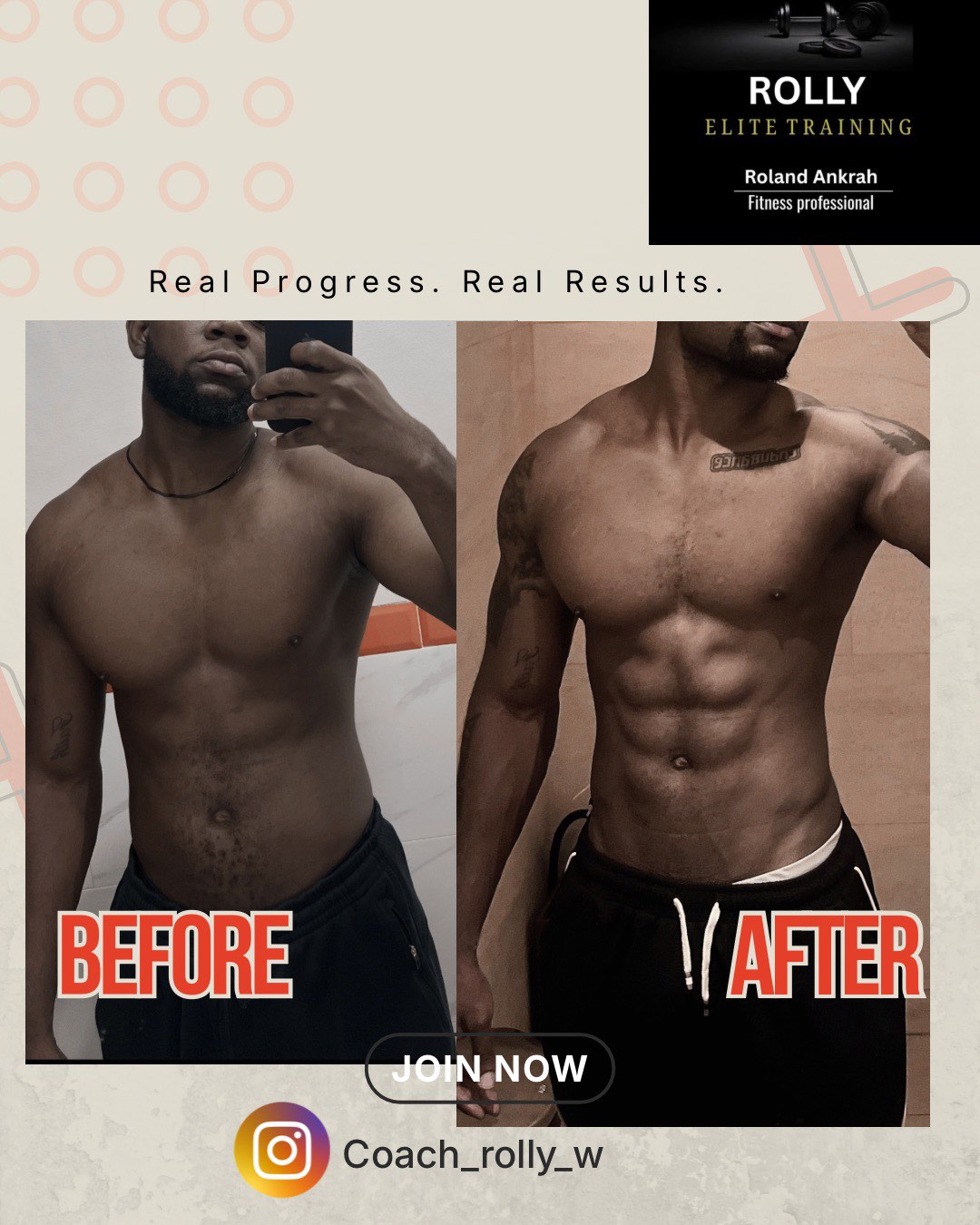 Client before and after — fat loss and muscle definition